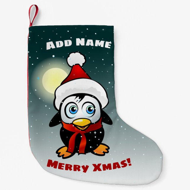 Petite Chaussette De Noël Pingouin bébé avec Casquette de Noël (Devant)
