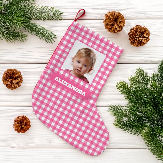 Petite Chaussette De Noël Pink Plaid Girl Photo & Name Rustic Gingham Checks (Créateur téléchargé)