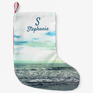 Petite Chaussette De Noël Plage Artistique Océan Bleu Monogramme initial