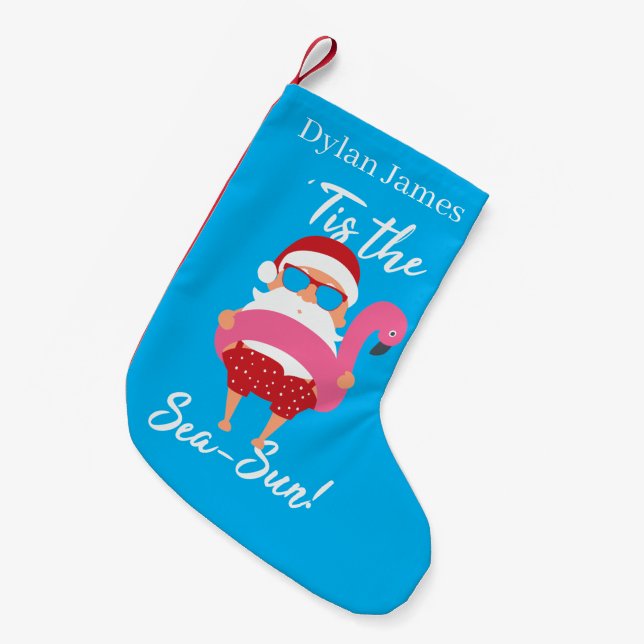 Petite Chaussette De Noël plage festive Père Noël ajouter nom (Devant (Accrochage))