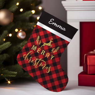 Petite Chaussette De Noël Plaid Buffalo Or Cerf Joyeux Monogramme