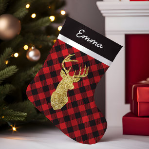 Petite Chaussette De Noël Plaid Buffalo Or Cerf Monogramme