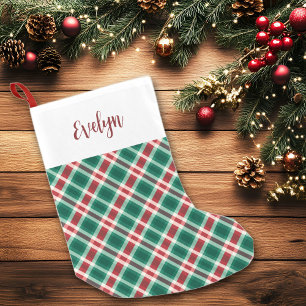 Petite Chaussette De Noël Plaid traditionnel rouge et vert avec nom