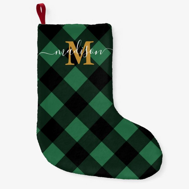 Petite Chaussette De Noël Plaid vert vacances avec Monogramme et nom (Devant)