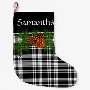 Petite Chaussette De Noël Plaqué noir et blanc rustique avec cône de pin