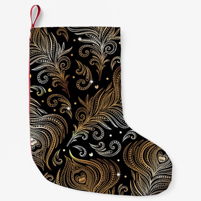 Petite Chaussette De Noël Plumes de paon : Dessin Artistique à main levée. (Devant)