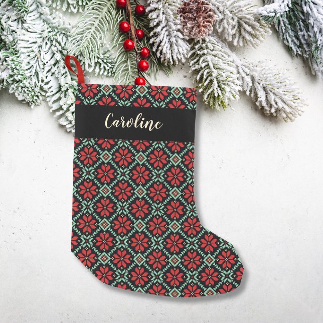 Petite Chaussette De Noël Poinsététie florale nordique Rouge Vert noir perso (Créateur téléchargé)