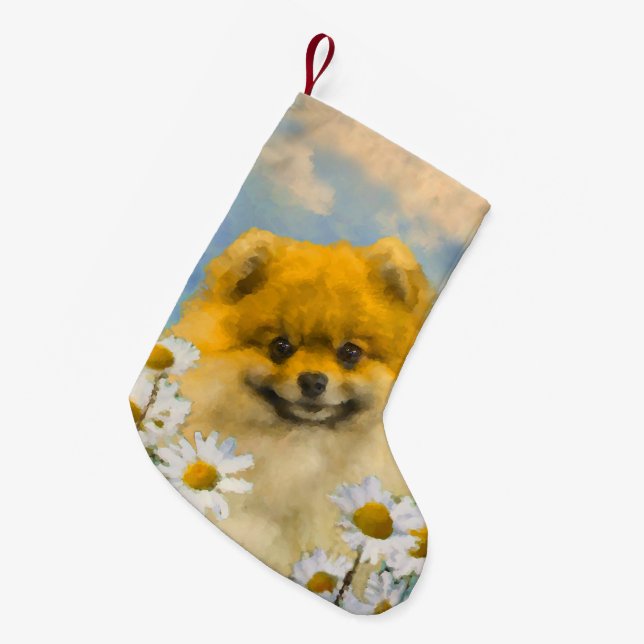 Petite Chaussette De Noël Poméranien dans Daisies Peinture - Art Chien origi (Devant (Accrochage))