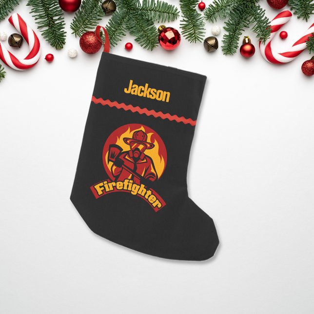 Petite Chaussette De Noël Pompier Black Red Gold Personnalisé (Créateur téléchargé)