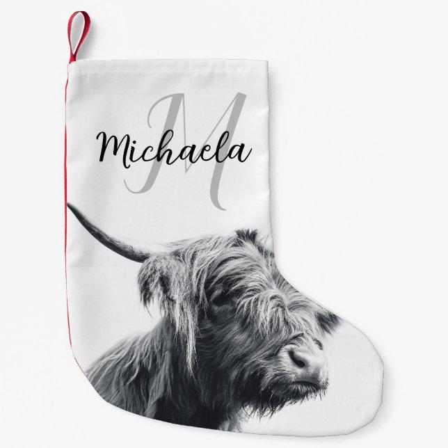 Petite Chaussette De Noël Portrait de vache Highland premier monogramme noir (Devant)