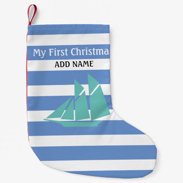 Petite Chaussette De Noël Premier Noël Bleu Bébé Garçon Monogramme nautique (Devant)