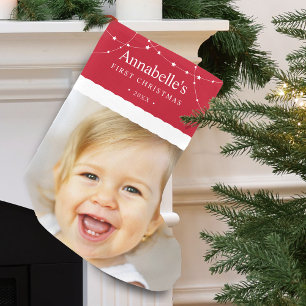 Petite Chaussette De Noël Première photo de Noël du bébé Rouge