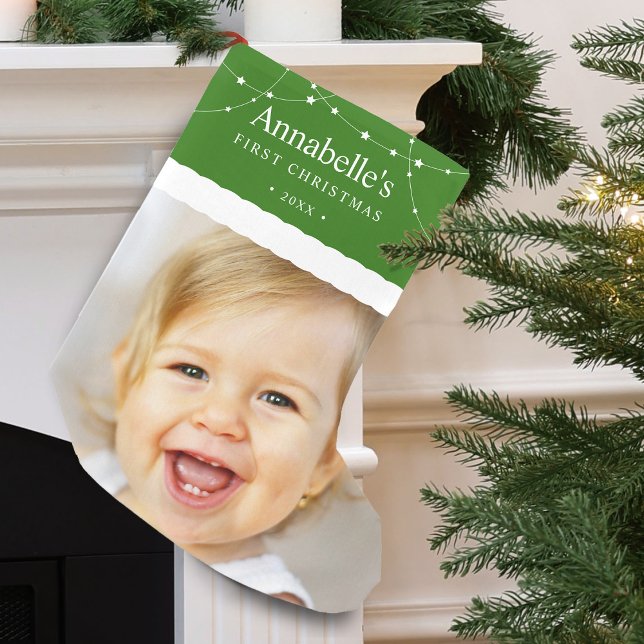 Petite Chaussette De Noël Première photo de Noël du bébé Vert (Baby's First Christmas Photo Green Small Christmas Stocking)