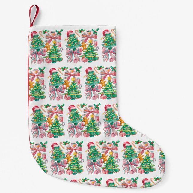 Petite Chaussette De Noël Preppy Christmas Tree Bow Pink Blue Coquette (Devant)