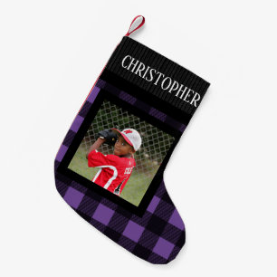 Petite Chaussette De Noël Purple Buffalo Plaid Nom Personnalisé Photo