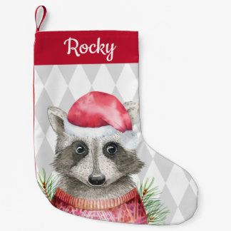Petite Chaussette De Noël Raccoon de bois mignon à Santa Hat