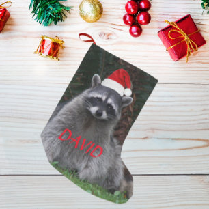 Petite Chaussette De Noël Raccoon portant le chapeau rouge du Père Noël avec