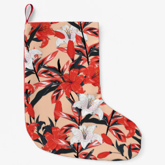 Petite Chaussette De Noël Red and white Lily flowers botanical seamless patt