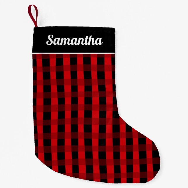 Petite Chaussette De Noël Red Black Buffalo Plaid Personalized Name (Devant)