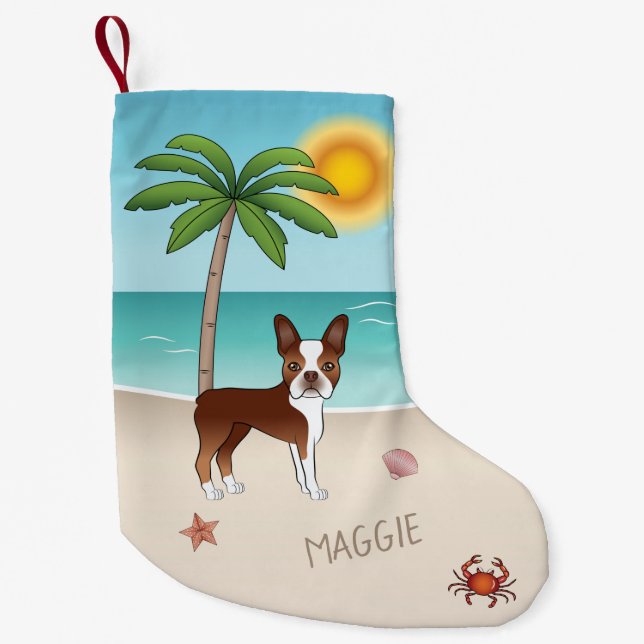 Petite Chaussette De Noël Red Boston Terrier À Une Plage Tropicale D'Été (Devant)