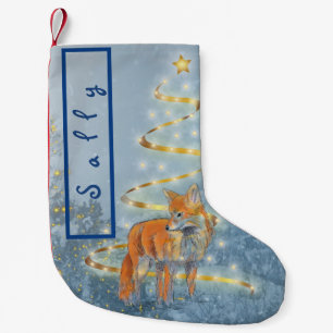 Petite Chaussette De Noël Renard dans la neige avec arbre à ruban Votre nom