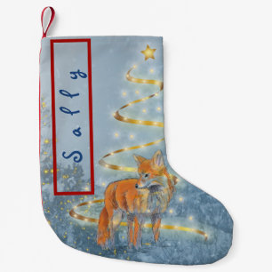 Petite Chaussette De Noël Renard dans la neige avec arbre à ruban Votre nom