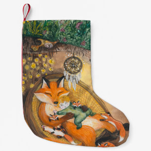 Petite Chaussette De Noël Renard Famille Après-Midi Nap, Aquarelle Meadow.
