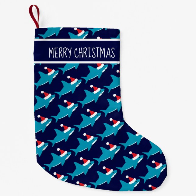 Petite Chaussette De Noël Requin Santa Hat Bleu Charkmas Blanc (Devant)