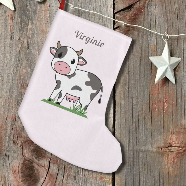 Petite Chaussette De Noël Réservoir de Noël rose avec une jolie vache (Pink Christmas Stocking with a Cute Cow)