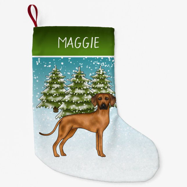 Petite Chaussette De Noël Rhodesian Ridgeback Avec Nom Snowy Winter Forest (Devant)