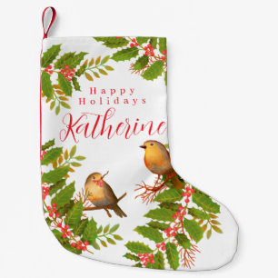Petite Chaussette De Noël Robin Birds Holly Berry White