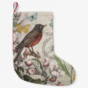 Petite Chaussette De Noël Robin Elegant Bird Butterfly French Art