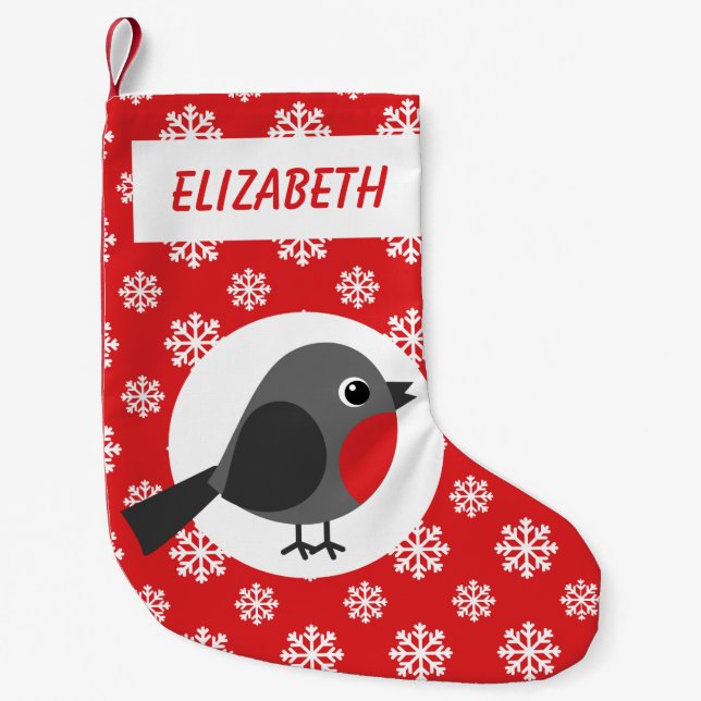 Petite Chaussette De Noël Robin Snowflakes Personnalisé Rouge (Devant)