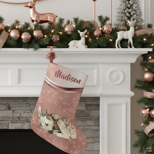 Petite Chaussette De Noël Rose Gold Sparkle Deer Fawn Personnalisé (Créateur téléchargé)