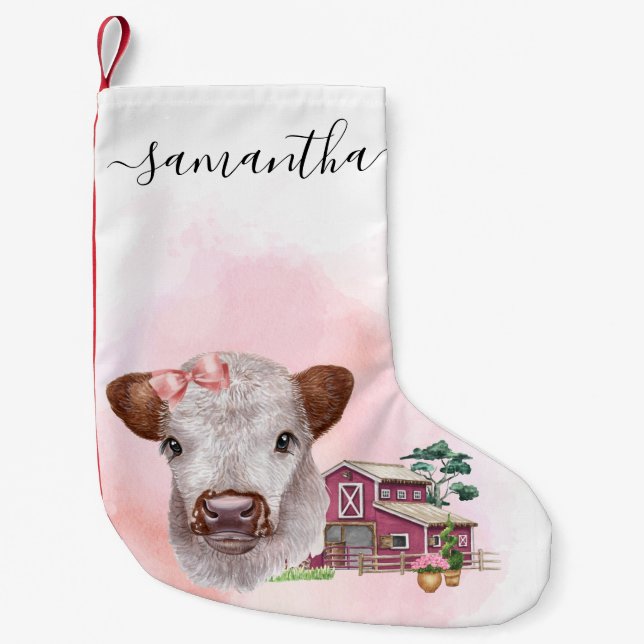 Petite Chaussette De Noël Rose Highland Cow Baby Calf Aquarelle (Devant)