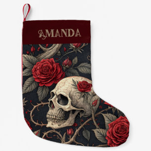 Petite Chaussette De Noël Roses du crâne gothique rouge