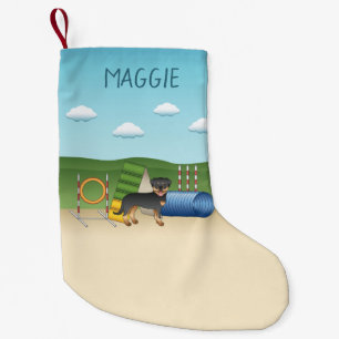 Petite Chaussette De Noël Rottweiler noir et feu avec équipement d'agilité