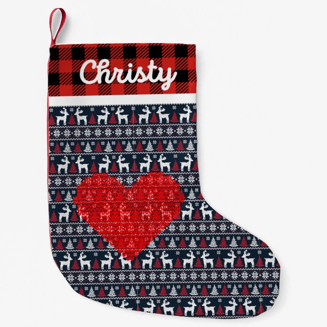 Petite Chaussette De Noël Rouge et noir Noël famille rustique chèque plaid (Devant)