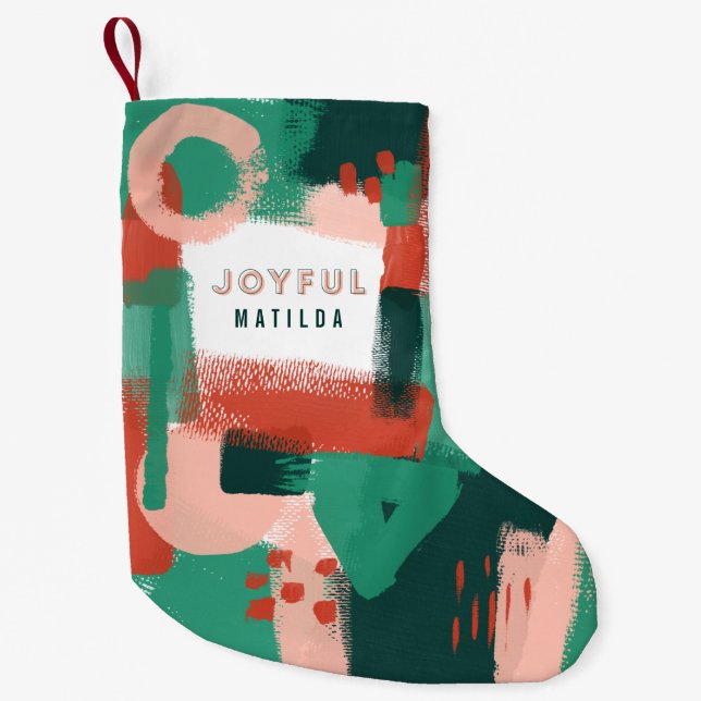 Petite Chaussette De Noël Rouge graphique abstrait moderne, rose + joyeux (Devant)