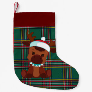 Petite Chaussette De Noël Rouge/Vert Plaid 'Reindeer Noël Stocker