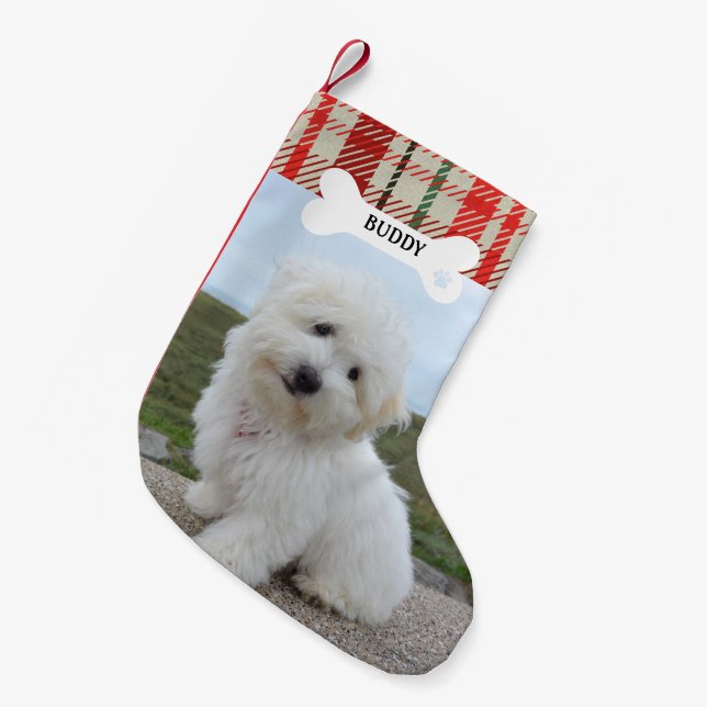 Petite Chaussette De Noël Rouge Vert Plaid Russe Chien Os Animal Photo (Devant (Accrochage))