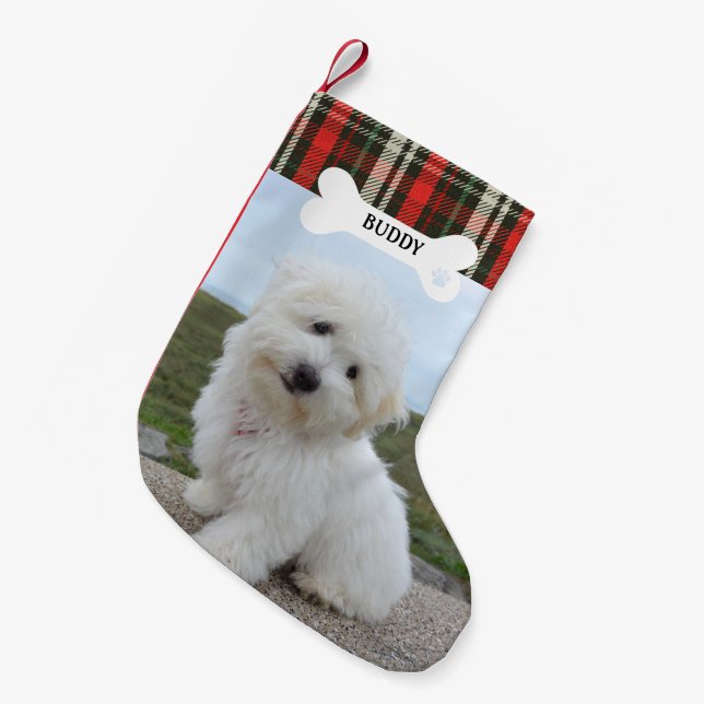Petite Chaussette De Noël Rouge Vert Plaid Russe Chien Os Animal Photo (Devant (Accrochage))