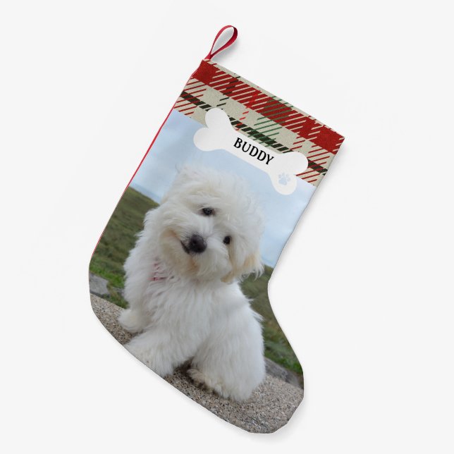Petite Chaussette De Noël Rouge Vert Plaid Russe Chien Os Animal Photo (Devant (Accrochage))