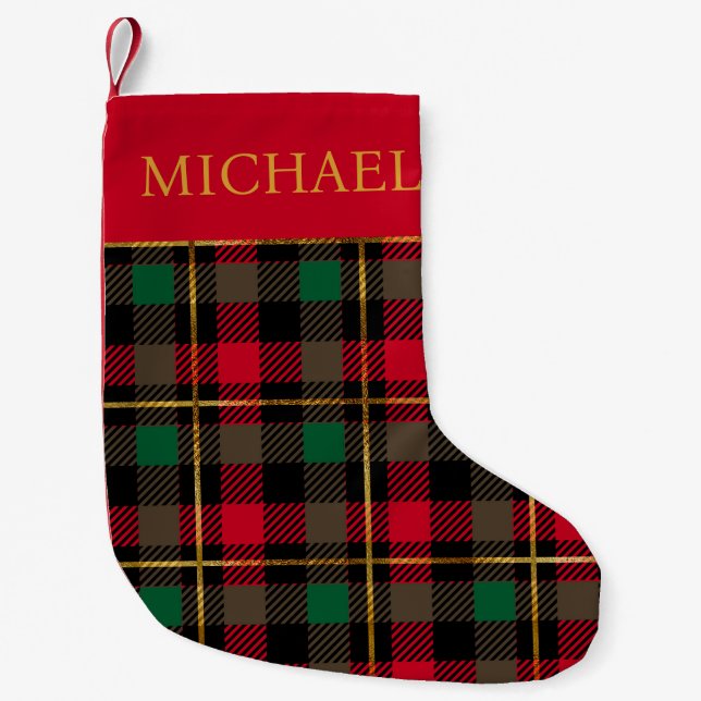 Petite Chaussette De Noël Rouge vert Tartan Plaid Personnalisé (Devant)