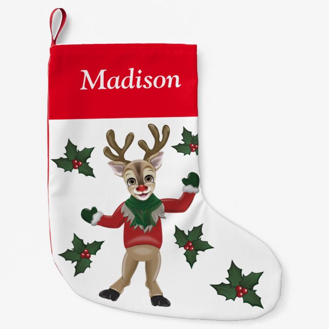 Petite Chaussette De Noël Rudolph le renne à nez rouge Nom personnalisé (Devant)