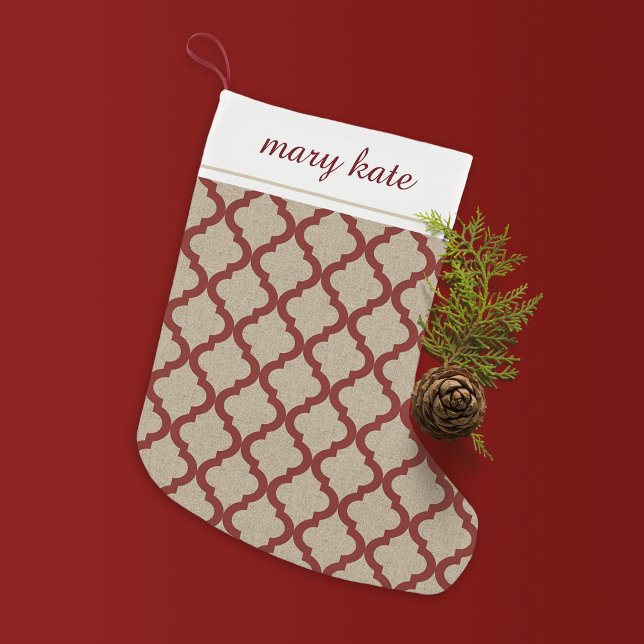 Petite Chaussette De Noël Rustique Faux Burlap et Red Marocain Quatrefoil (Créateur téléchargé)