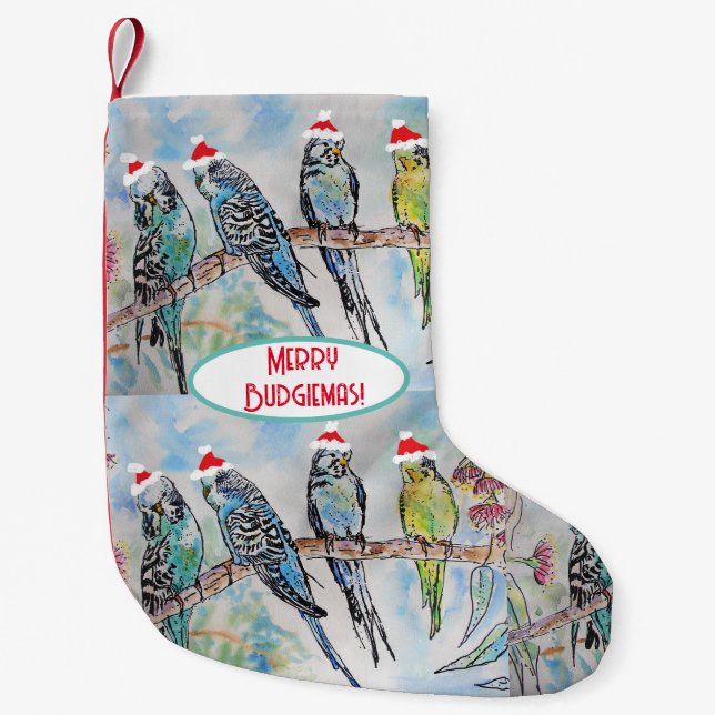 Petite Chaussette De Noël Santa Budgie Christmas Watercolor Painting Bird (Devant)