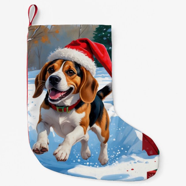 Petite Chaussette De Noël Scène de fête de Noël beagle (Devant)