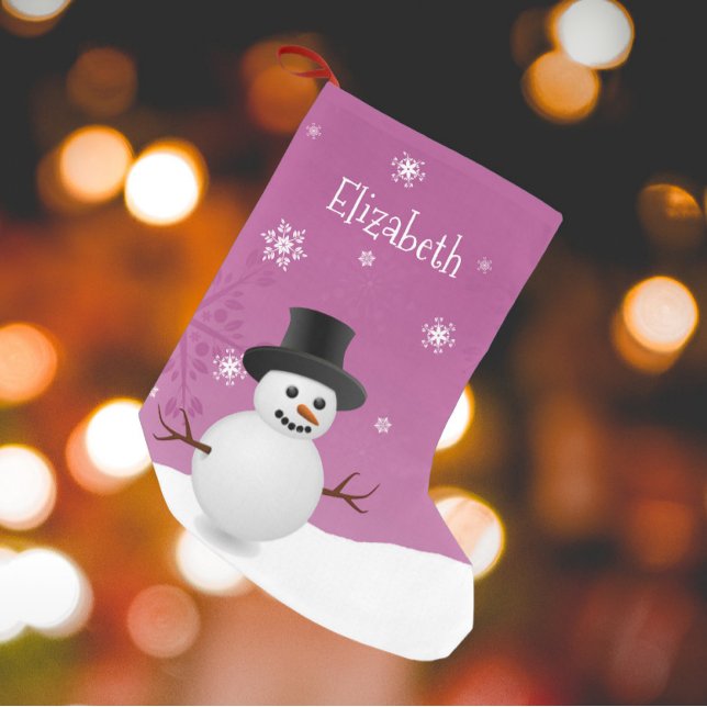Petite Chaussette De Noël Scène d'hiver de Snowman rose Prise de Noël (Pink Snowman Winter Scene Christmas Stocking)