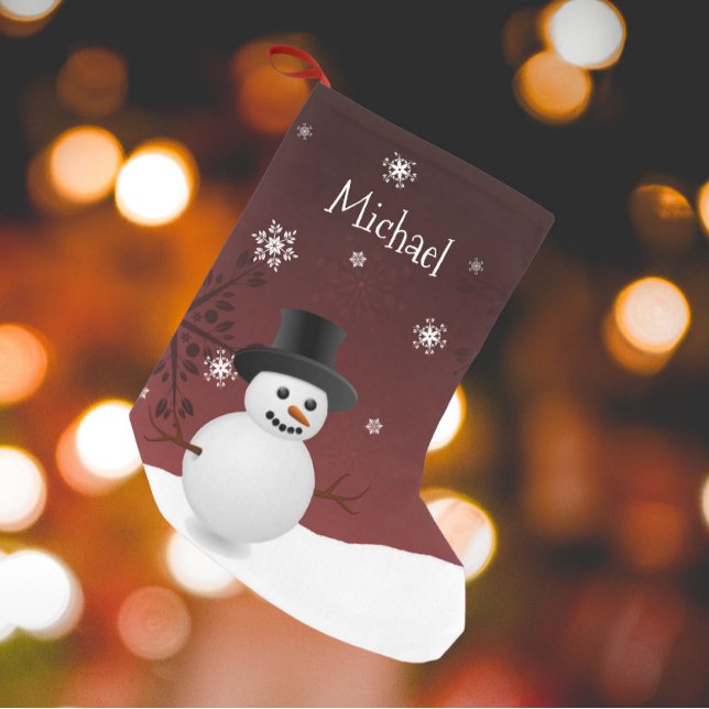 Petite Chaussette De Noël Scène d'hiver de Snowman rouge Noël Stocker (Red Snowman Winter Scene Christmas Stocking)